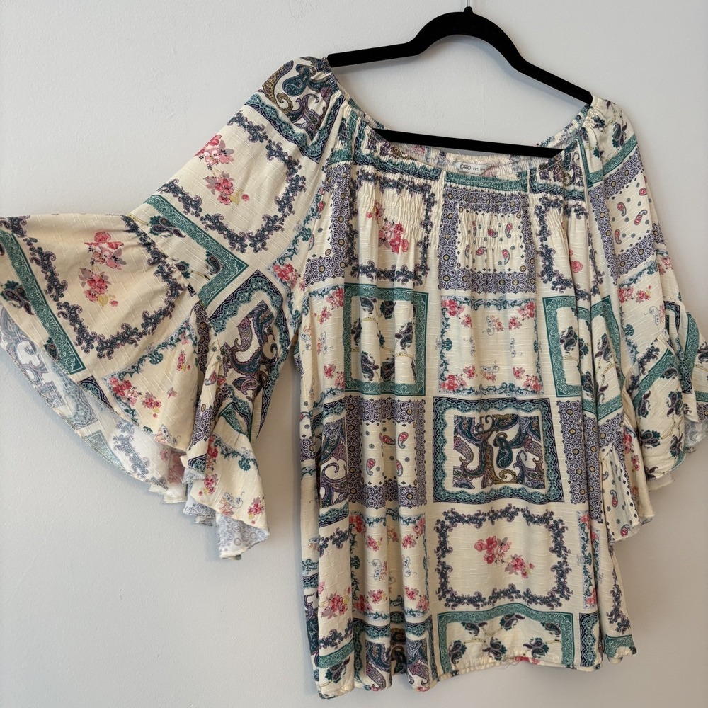 Patchwork Mixed Print Floral Paisley Top Sz‎ L Flare Sleeve Western Boho Cottage